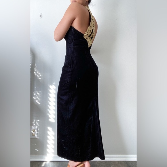 Vintage Scott McClintock Velvet Black Metallic Gold Sleeveless Formal Maxi Dress - Picture 3 of 9